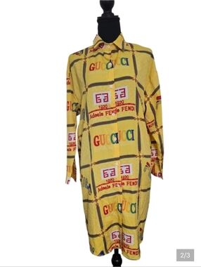 Yellow Logo Print Button-Up Shirt Dress